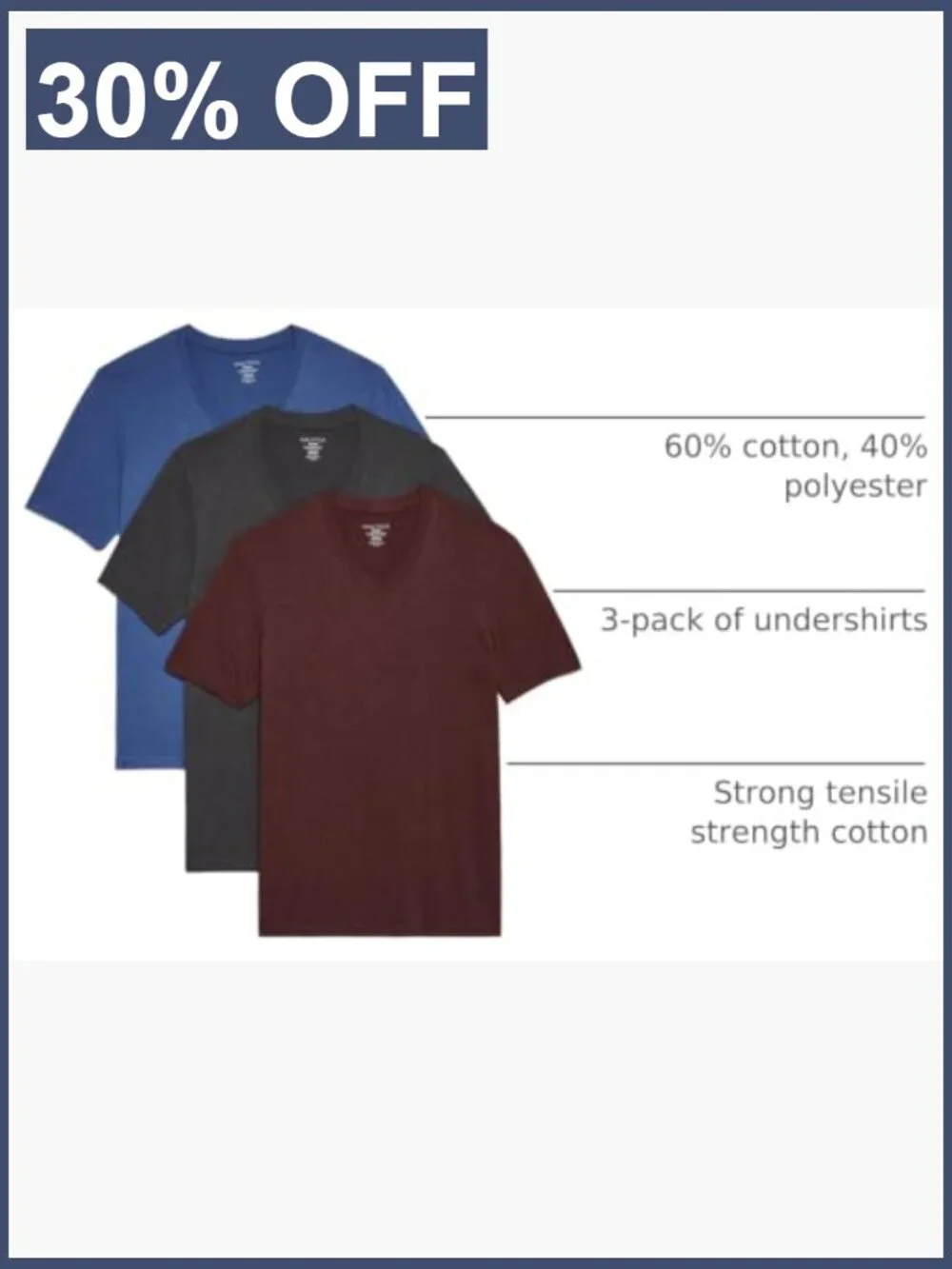 3 Pack Men's Cotton Stretch V-Neck Undershirts - Short Sleeve, Tagless